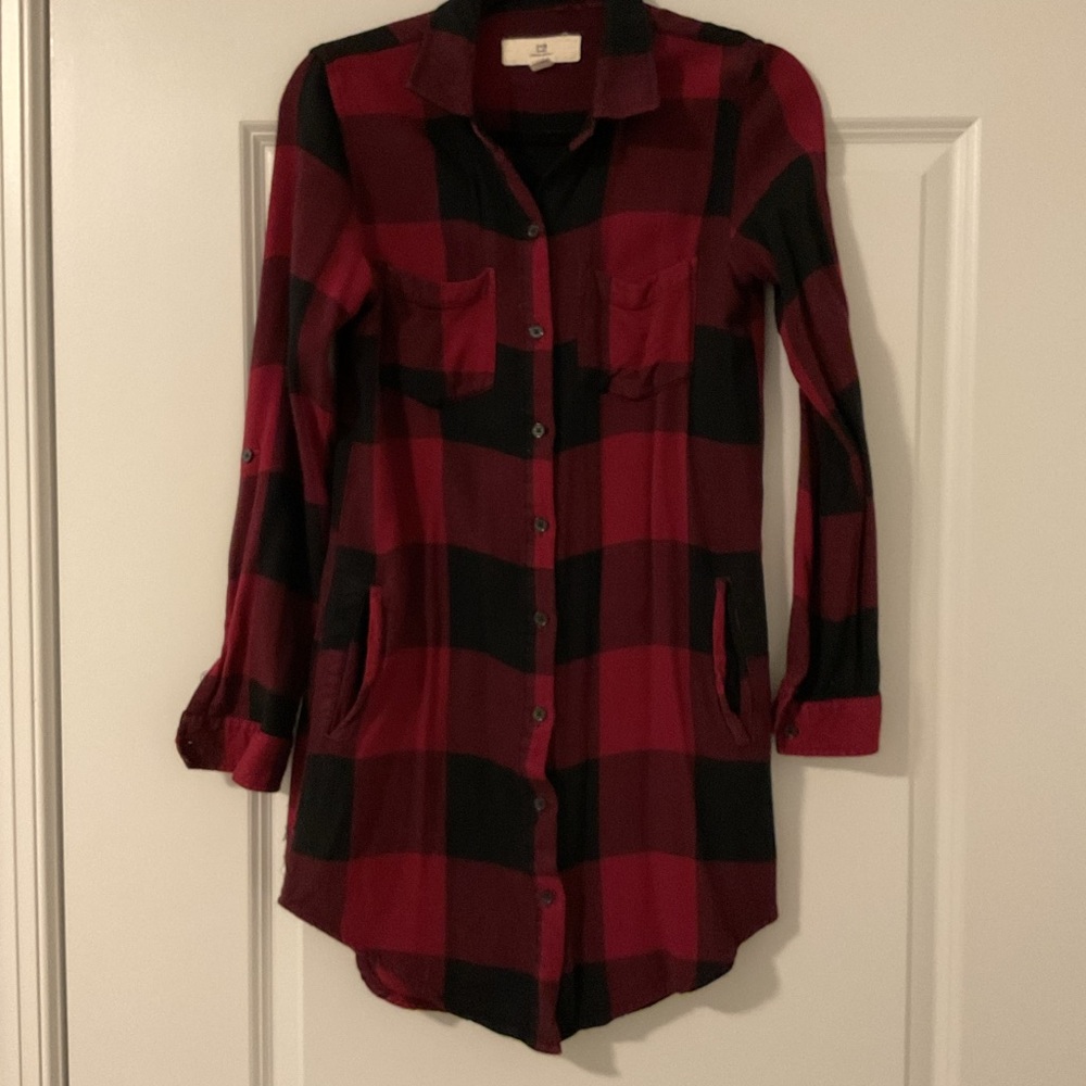 Thread & Supply Red and Black Buffalo Plaid Button-Front Shirt dress